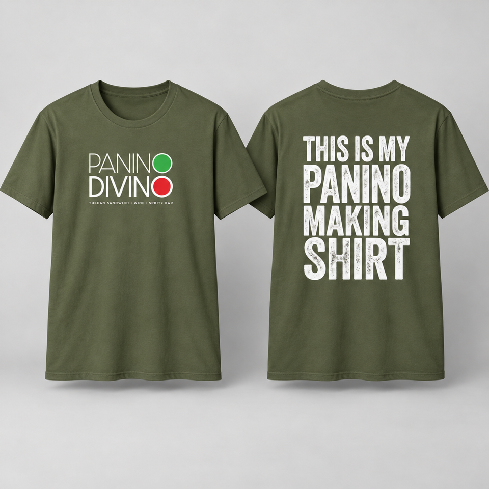 Olive green Panino Divino T-shirts displaying the restaurant logo on the front and “This Is My Panino Making Shirt” on the back.