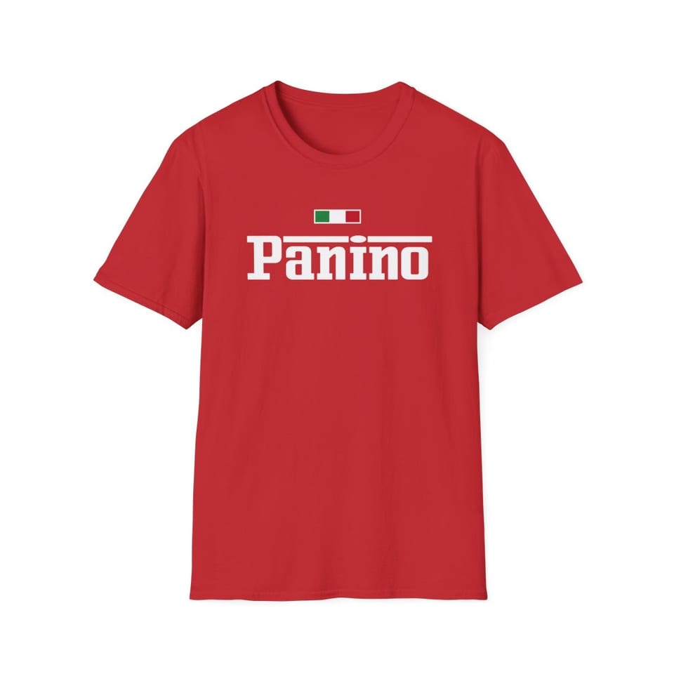 Red short-sleeve T-shirt featuring the word “Panino” in white beneath a small Italian flag emblem.